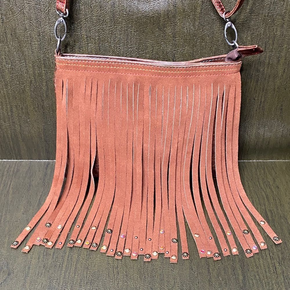 Catchfly Faux Suede/Leather Country Western Fringe Crossbody Purse Bag w/ jewels